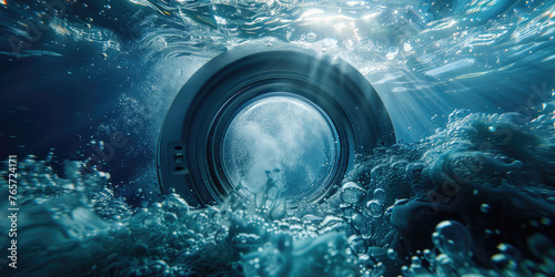 Ocean Swirl: Creative View Through Washing Machine Door. Advertising creative banner to promote washing machines and laundry products, sea freshness. photo