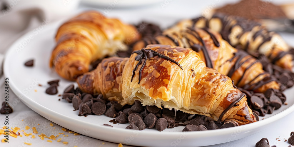 Plate with just cooked delicious breakfast full of fresh tasty continental croissants. Home cooking homemade dessert or bakery concept. Crookie - croissant hybrid with chocolate chips Plate with just cooked delicious breakfast full of fresh tasty continental croissants. Home cooking homemade dessert or bakery concept. Crookie - croissant hybrid with chocolate chips