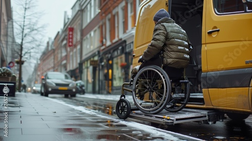 A wheelchair user using a wheelchair-accessible vehicle equipped with ramps and lifts for easy transportation