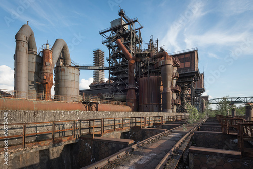 View of a historic blast furnace factory.