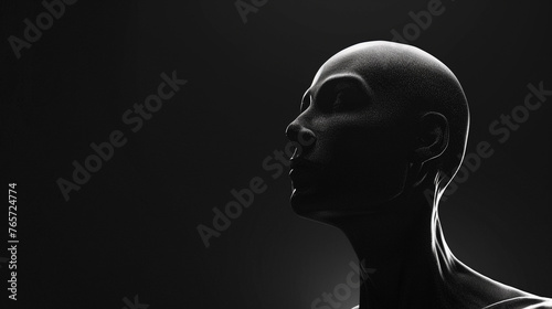 Cinematic head-to-image of an amorphic human form on a black background. High contrast black and white.  photo
