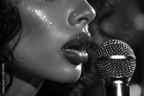 Side view of glossy lips of a pretty jazz female vocalist singer close to a vintage microphone ona stage in a club, black and white style. Close-up