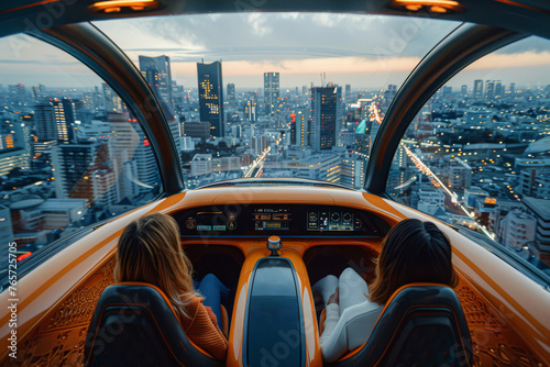 Two women sitting inside modern flying car, navigating through the urban skyline, enjoying the panoramic view from the cabin