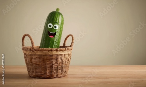 cucumber with a cute face in a basket. Vegetable and fruit design. Healthy eating concept for print