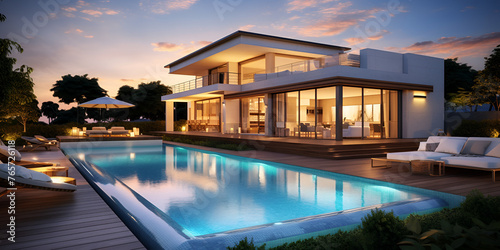  modern cozy house with pool,  parking for sale or rent in luxurious style, Sunset with beautiful sky, Luxury house with swimming pool at night, Generative AI