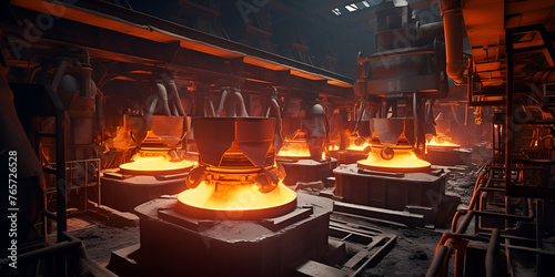 Iron and Steel making Factory, Steel Mill with Molten Steel Being Poured, industrial metallurgical foundry factory, liquid molten metal pouring in ladle, heavy industry, Generative AI