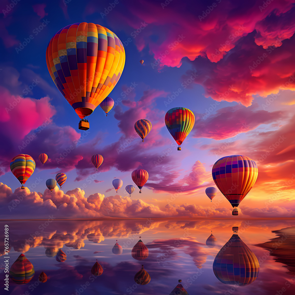 Colorful hot air balloons against a sunrise sky. 