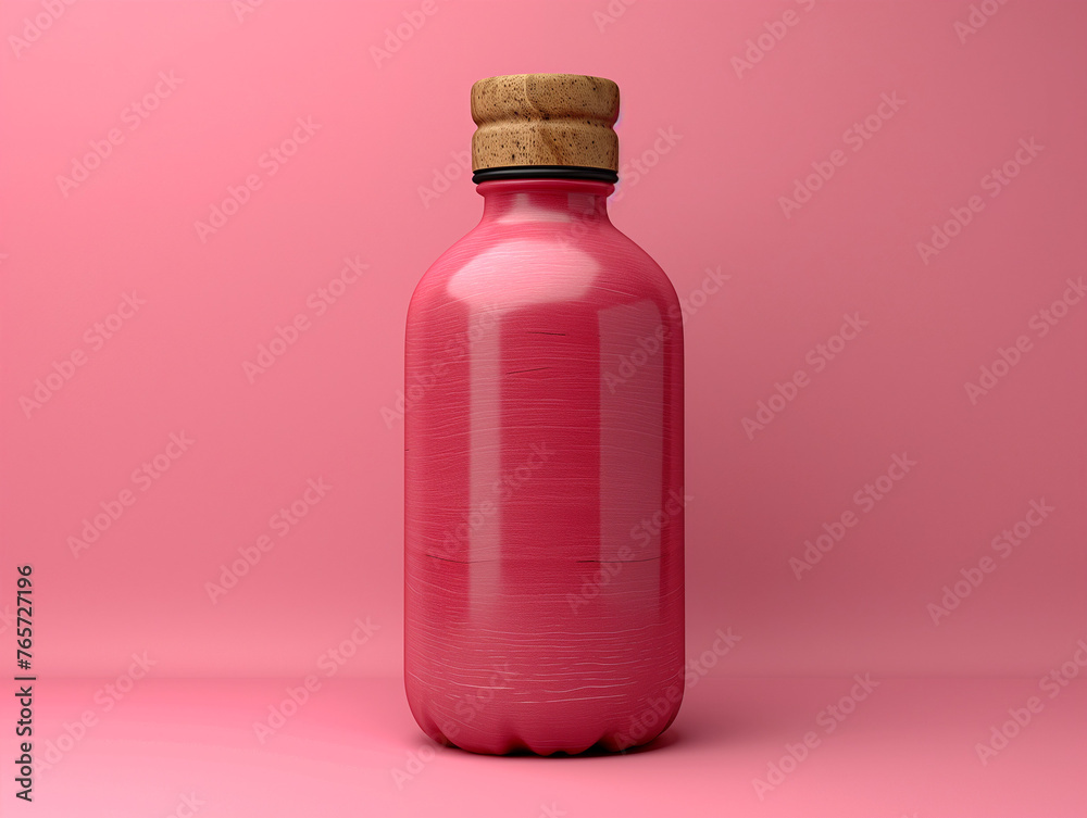 Pink bottle with cork on a pink background: minimalist image of a textured pink bottle with cork stopper against a matching pink backdrop