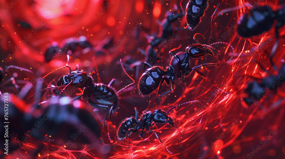 A colony of ants marching in a mesmerizing abstract fluid background. - obrazy, fototapety, plakaty 
