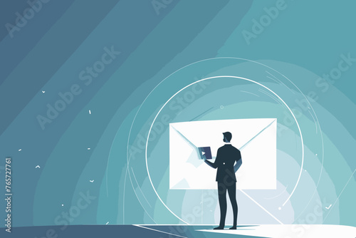 Businessman sending email marketing campaign, newsletter communication and outreach, online promotion and engagement concept, vector illustration.