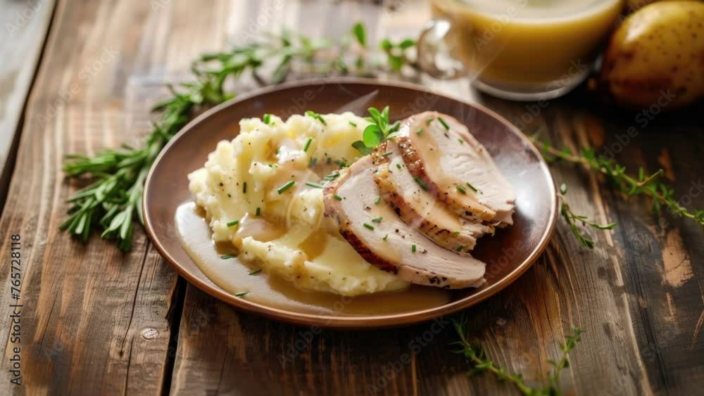 Zooming on on a Delicious Plate of Sliced Turkey and Mashed Potatoes and Gravy Zooming on on a Delicious Plate of Sliced Turkey and Mashed Potatoes and Gravy