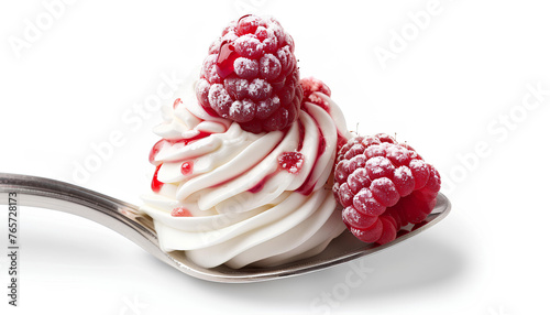 raspberry with whipped cream on a spoon isolated on white background photo