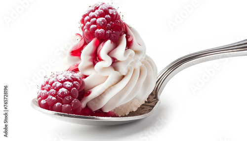 raspberry with whipped cream on a spoon isolated on white background photo