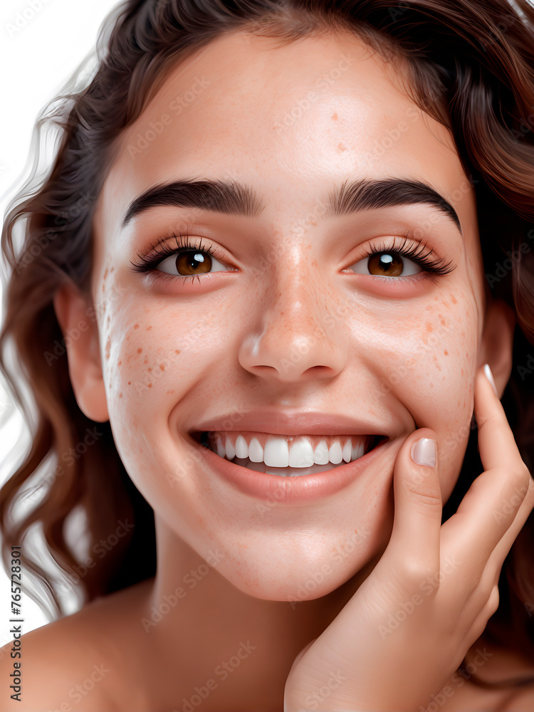 Vertical portrait of young Hispanic woman with freckles on face isolated on white background. Beautiful latina girl model looking at camera advertising skin care. Vertical portrait of young Hispanic woman with freckles on face isolated on white background. Beautiful latina girl model looking at camera advertising skin care.