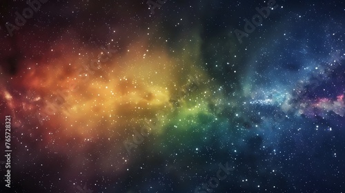 Vivid space scene with nebula and stars displaying horizontal rainbow hues, night sky and vibrant milky way