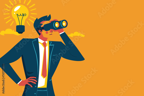 Businessman using binoculars to discover lightbulb idea, creativity and vision for new business opportunities, solutions and success, curiosity and searching concept for entrepreneurial growth.