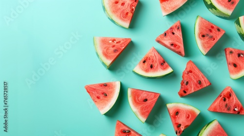 Horizontal banner with pieces of watermelon on a blue background. Watermelon background top view with copy space.