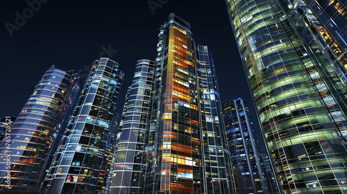 Row of Illuminated Office Buildings at Night