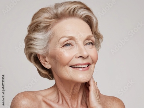 A portrait of a smiling woman in her golden years, radiating confidence and self-love. Mature old lady close up portrait. Healthy face skin care beauty, middle age skin.