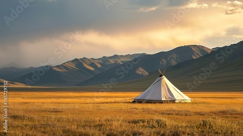 Nomad Tent Amidst Serene Golden Grasslands, Under a Dramatic Sky, With a Backdrop of Tranquil Mountains