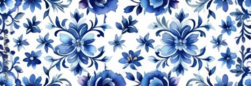 banner Seamless watercolor blue colour floral pattern on a white background 
