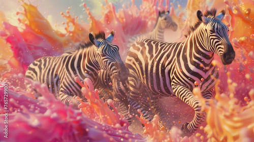 A group of zebras running in a vibrant abstract fluid background.