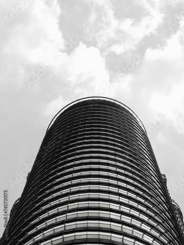 Black and white photograph of a modern building