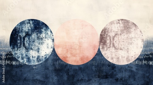 Trio of textured spheres in pastel hues, resembling celestial bodies on a textured backdrop..