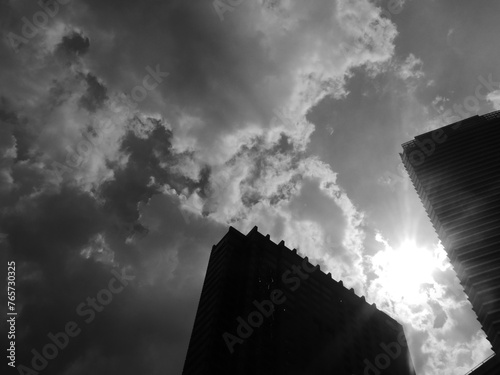 Black and white photograph of a modern building