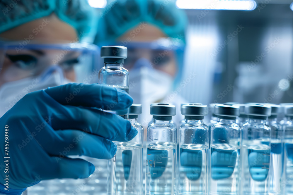 Medical Gloves Handling Test Tube Vials in Laboratory, Vaccine, Scientist - Generative AI Medical Gloves Handling Test Tube Vials in Laboratory, Vaccine, Scientist - Generative AI