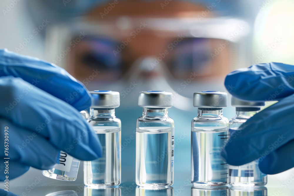 Medical Gloves Handling Test Tube Vials in Laboratory, Vaccine, Scientist - Generative AI
