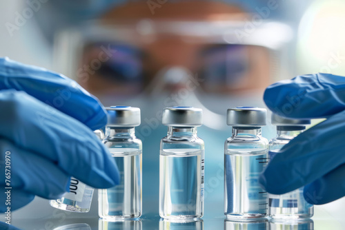 Obraz na płótnie Medical Gloves Handling Test Tube Vials in Laboratory, Vaccine, Scientist - Generative AI w salonie