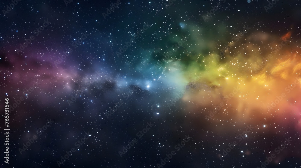 Colorful space background of nebula and stars with horizontal rainbow hues, vibrant milky way galaxy backdrop