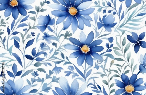 Wallpaper Mural Seamless watercolor blue colour floral pattern on a white background  Torontodigital.ca