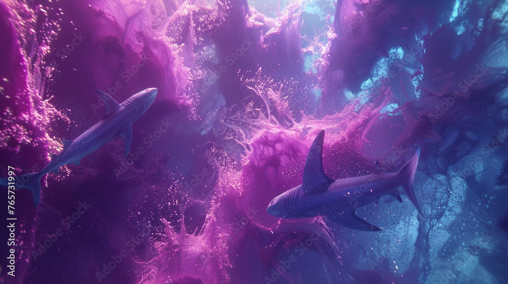 A school of sharks swimming in a mesmerizing abstract fluid background. - obrazy, fototapety, plakaty 