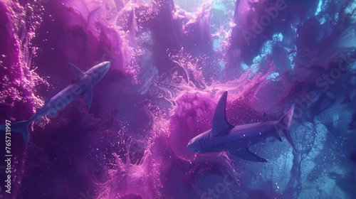 A school of sharks swimming in a mesmerizing abstract fluid background. photo