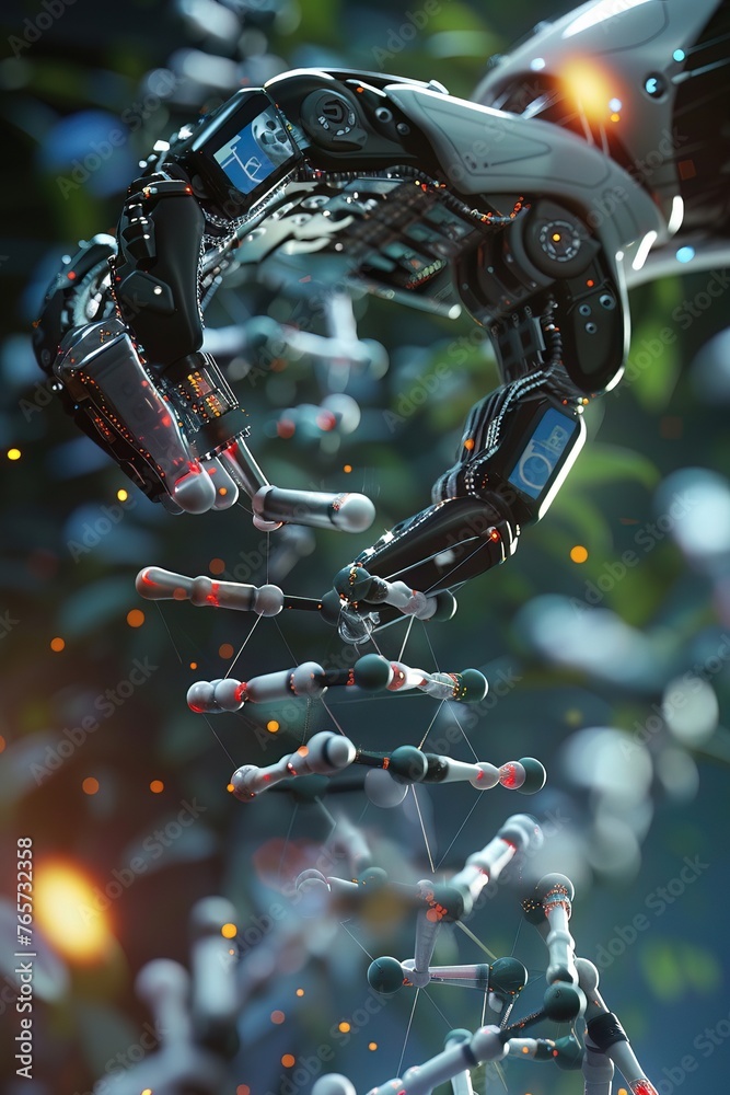 An ultramodern robot arm engaged in DNA repair, with molecular structures and genetic codes visible in the background An ultramodern robot arm engaged in DNA repair, with molecular structures and genetic codes visible in the background