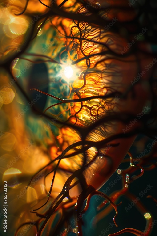 Closeup of an artificial retina capturing light, representing breakthroughs in eye prosthetics