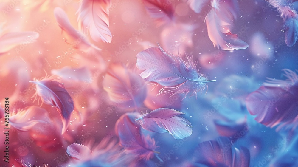 Birthday card against a backdrop of floating feathers, light and dreamy Birthday card against a backdrop of floating feathers, light and dreamy