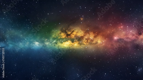 Colorful space background of nebula and stars with horizontal rainbow hues, colorful milky way galaxy backdrop