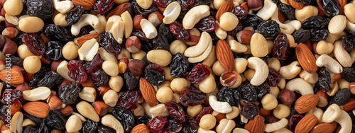 Different nuts mix with dried fruit texture background. photo