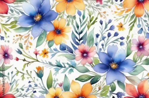 Seamless watercolor multi colour floral pattern on a white background 