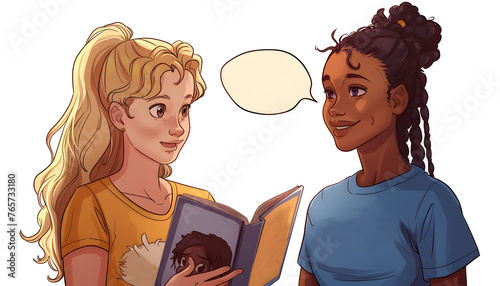 Illustration of two young women sharing a book; with a blank thought bubble 