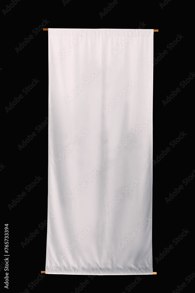 white vertical fabric Japanese style flag with waving texture isoalate black background