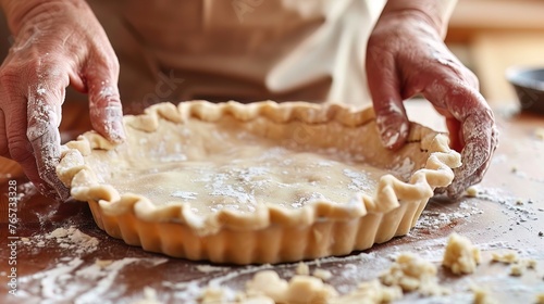 Closeup of hands rolling out a flaky pie crust ready for filling with sweet or savory ingredients