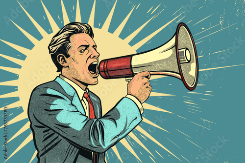 Businessman with megaphone making announcement, marketing communication for promotion or public relations, loud voice speech to employees, community or organization, effective messaging concept.