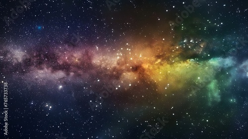 Colorful space background of nebula and stars with horizontal rainbow hues, colorful milky way galaxy backdrop