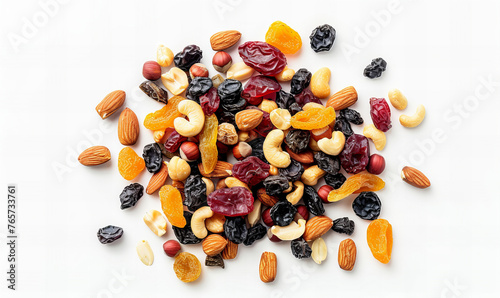 Different nuts mix with dried fruit isolated, white background.