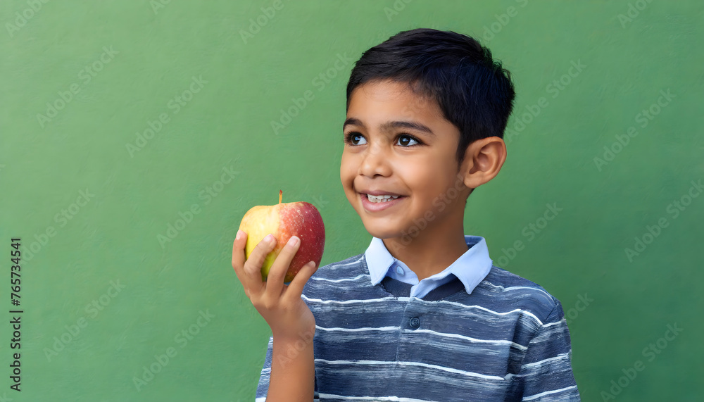 Boy smiling and eating an apple. Healthy and fresh nutrition and lifestyle. White teeth.