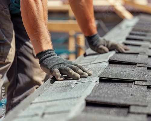 A detailed view of a roofing process with workers laying shingles highlighting the precision in ensuring weatherproofing